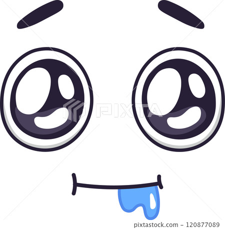 Funny cartoon face with big, round eyes, small eyebrows, a smiling mouth, and drool dripping down its chin expresses extreme hunger in this vector illustration 120877089