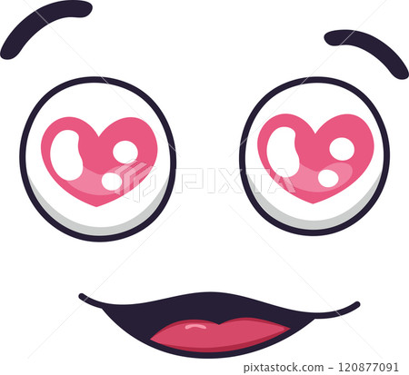 Cartoon face expressing love and affection with heart shaped eyes, raised eyebrows, and a wide, smiling mouth, conveying feelings of adoration and happiness 120877091
