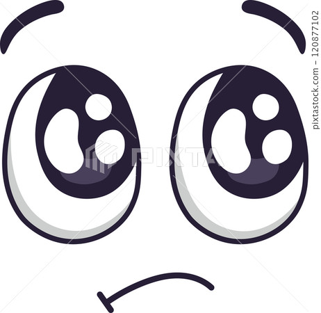 Cartoon face expressing disappointment, featuring sad, downturned eyes with highlights and a slightly curved, unhappy mouth, conveying a sense of displeasure or dejection 120877102