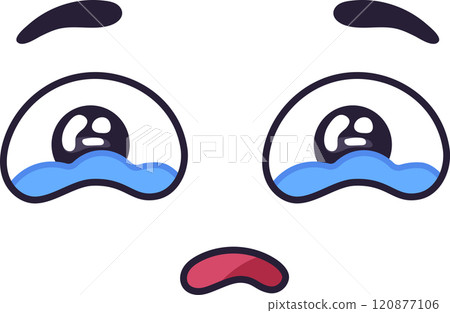 Cartoon face showing a sad expression with big, crying eyes and a frowning mouth, conveying feelings of unhappiness, sorrow, or disappointment 120877106
