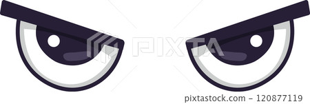 Cartoon eyes are expressing anger in a comical way, creating a funny facial expression with dark pupils and lowered eyebrows, conveying a negative human emotion 120877119