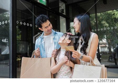 Happy Family Enjoying a Day of Shopping Together with Smiles and Laughter in a Modern Urban Setting 120877164