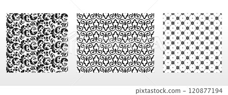 Geometric floral set of seamless patterns. White and black vector backgrounds. Damask graphic ornaments. Geometric floral set of seamless patterns. White and black vector backgrounds. Damask graphic ornaments. 120877194