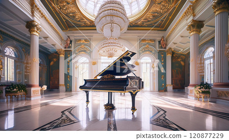 A grand piano is the focal point of a large, ornate room 120877229