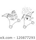 Two funny snowmen celebrate the New Year with fireworks and gifts. Coloring for kids 120877293