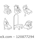 Set of cute snowmen in a hat, scarf and mittens in different poses sitting in anticipation of the New Year. New Year s card. Vector coloring for children. Sticker pack set 120877294