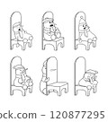 Set of cute snowmen in a hat, scarf and mittens in different poses sitting on a large chair waiting for the New Year. New Year s card. Vector coloring for children. Sticker pack set 120877295