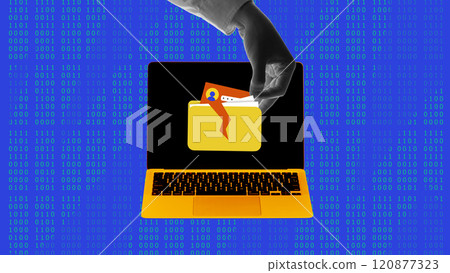 Contemporary art collage. Giant hand reaching from laptop grabbing yellow folder, representing online security threats and data breaches. 120877323