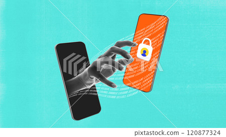 Contemporary art collage. Open lock on cloud icon on laptop screen with person holding folder, symbolizing hacking and internet data safety issues. Contemporary art collage. Open lock on cloud icon on laptop screen with person holding folder, symbolizing hacking and internet data safety issues. 120877324