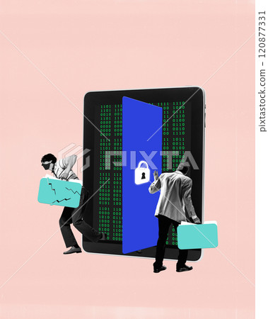 Contemporary art collage. Two figures with folders sneak through open door in giant tablet with binary code, illustrating hacking and unauthorized data access. Contemporary art collage. Two figures with folders sneak through open door in giant tablet with binary code, illustrating hacking and unauthorized data access. 120877331