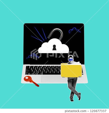 Contemporary art collage. Person holding folder stands in front of laptop with cloud and open padlock, symbolizing data breach and internet security risks. 120877337