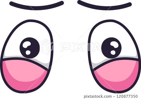 Pair of cartoon eyes with pink cheeks and raised eyebrows expressing sadness, disappointment, or worry, creating a relatable and expressive visual Pair of cartoon eyes with pink cheeks and raised eyebrows expressing sadness, disappointment, or worry, creating a relatable and expressive visual 120877350