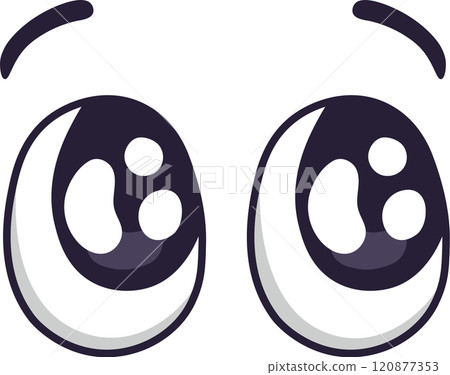 Cartoon eyes expressing surprise or curiosity, featuring large pupils and raised eyebrows, creating a comical and expressive look suitable for various design projects 120877353
