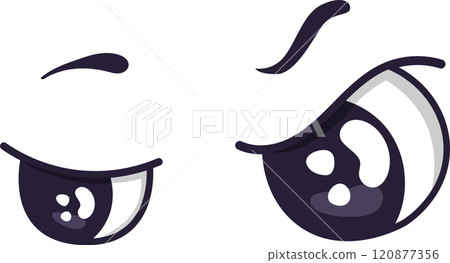 Expressive cartoon eyes convey a range of emotions, featuring a playful winking eye alongside a suspicious or angry eye, creating a humorous and engaging visual experience 120877356