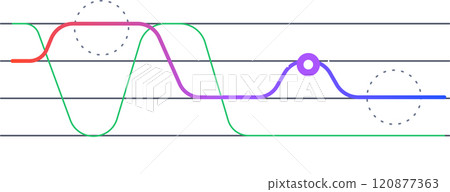 Colorful line graphs fluctuating over a grid represent business performance, data analysis, and market trends, with highlighted points indicating key moments or significant changes 120877363