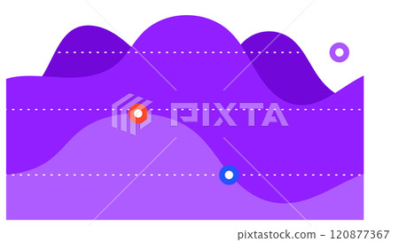 Business graphic charts, line diagrams and business infographics elements vector set showing growth, decline, and stagnation with purple waves, dotted lines, and colored circles 120877367