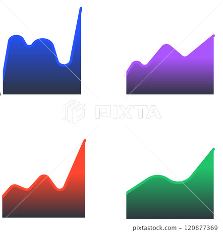 Featuring four vibrant business charts illustrating increasing, decreasing, fluctuating, and peaking trends, perfect for enhancing presentations and reports with clear visual data analysis 120877369