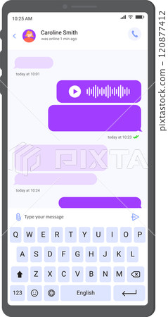 Smartphone displaying a chat conversation with audio message, text bubbles, and a virtual keyboard for typing, illustrating modern mobile communication Smartphone displaying a chat conversation with audio message, text bubbles, and a virtual keyboard for typing, illustrating modern mobile communication 120877412