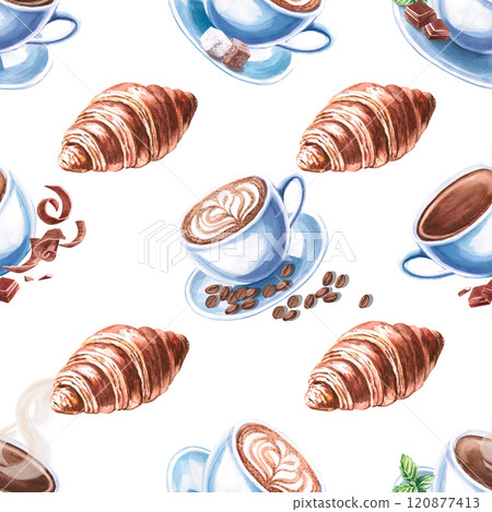 Seamless pattern on the theme of coffee and pastries. Watercolor illustration with cups of coffee for the design of coffee shops, packaging, menus, printing on textiles, kitchen interiors. Seamless pattern on the theme of coffee and pastries. Watercolor illustration with cups of coffee for the design of coffee shops, packaging, menus, printing on textiles, kitchen interiors. 120877413