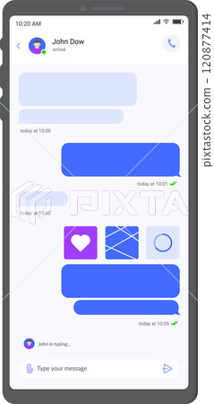 Modern smartphone displaying an ongoing chat conversation with message bubbles, timestamps, and user status indicators, highlighting real time communication 120877414