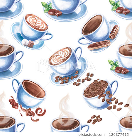 Seamless pattern on the theme of coffee. Watercolor illustration with cups of coffee for the design of coffee shops, packaging, menus, printing on textiles, kitchen interiors. Seamless pattern on the theme of coffee. Watercolor illustration with cups of coffee for the design of coffee shops, packaging, menus, printing on textiles, kitchen interiors. 120877415