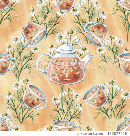 Seamless pattern with chamomile tea. Watercolor illustration on beige background on tea theme for menu design, cafe interior, kitchen accessories, fabric printing. 120877426