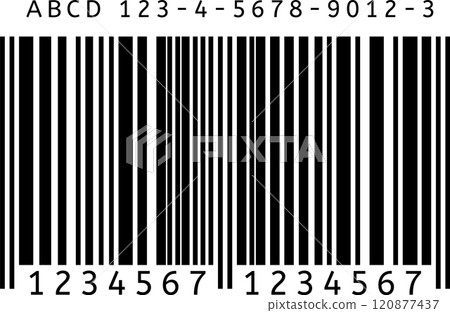 Black and white barcode with numbers and letters representing retail product identification, inventory management, and supermarket scanning technology Black and white barcode with numbers and letters representing retail product identification, inventory management, and supermarket scanning technology 120877437