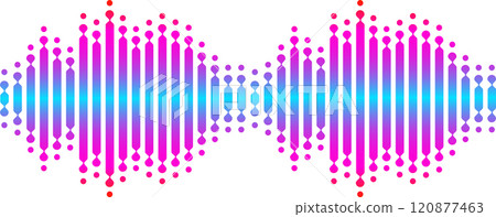 Colorful sound waves are visualized with a vibrant gradient, creating an abstract representation of audio signals, music waveforms, or digital studio equalizer effects 120877463