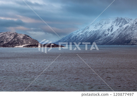 Landscape with a fjord and mountains, Harstad, Norway 120877497