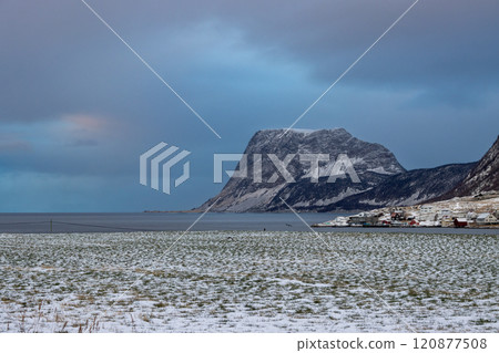 Landscape with a fjord and mountains, Harstad, Norway Landscape with a fjord and mountains, Harstad, Norway 120877508