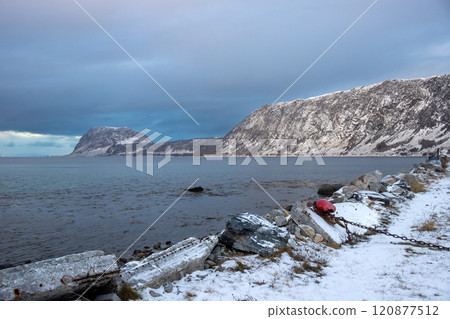 Landscape with a fjord and mountains, Harstad, Norway 120877512