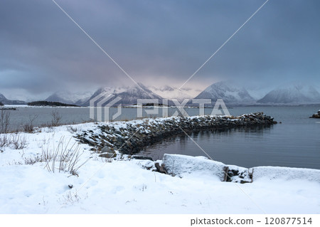 Landscape with a fjord and mountains, Harstad, Norway 120877514
