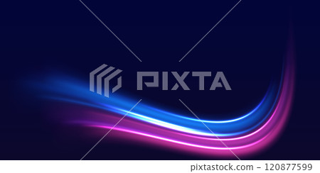 Speed police line. Laser beams, horizontal light rays. Magic shining neon light line trails. Purple glowing wave swirl. High speed effect motion blur night lights. Vector illustration EPS10 120877599