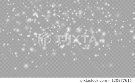 Realistic falling snow with snowflakes and clouds. Vector heavy snowfall, snowflakes in different shapes and forms. Many white cold flake elements on transparent background. 120877615
