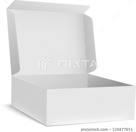 Realistic white opened box mockup presenting empty space inside, perfect for showcasing products or designs in e commerce or advertising projects Realistic white opened box mockup presenting empty space inside, perfect for showcasing products or designs in e commerce or advertising projects 120877651