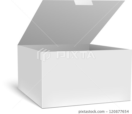 White rectangular cardboard box slightly opened, revealing its empty interior, perfect for showcasing product placement or branding designs 120877654