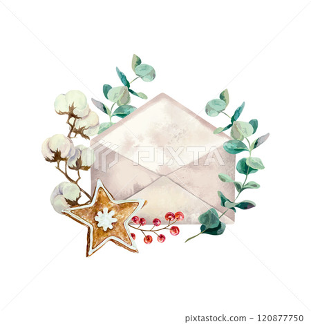 Christmas envelope with gingerbread, eucalyptus and cotton, watercolor. Hand drawn vector illustration. New Year cards, banners, invitations, posters. Christmas envelope with gingerbread, eucalyptus and cotton, watercolor. Hand drawn vector illustration. New Year cards, banners, invitations, posters. 120877750