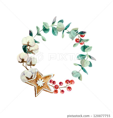 Christmas wreath with eucalyptus, gingerbread, cotton, red berries, watercolor. Hand drawn vector illustration. New Year cards, banners, invitations. Christmas wreath with eucalyptus, gingerbread, cotton, red berries, watercolor. Hand drawn vector illustration. New Year cards, banners, invitations. 120877755