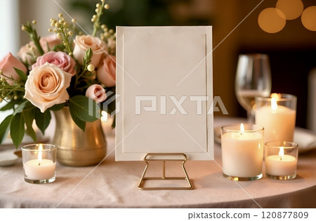 A blank menu on white kraft paper, placed on an elegantly decorated table with tender roses in gold vase, glowing candles, and glass 120877809