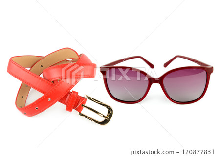 Elegant women's Sunglasses and leather belt isolated on white. Collage. 120877831
