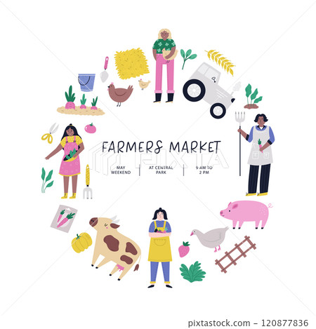 Vibrant hand drawn farmers market circle poster. Vector banner, templates for agricultural fair, agricultural festival. Vibrant hand drawn farmers market circle poster. Vector banner, templates for agricultural fair, agricultural festival. 120877836