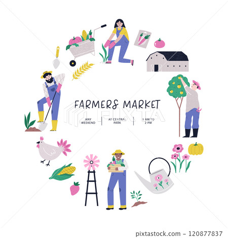 Vibrant hand drawn farmers market circle poster. Vector banner, templates for agricultural fair, agricultural festival. 120877837