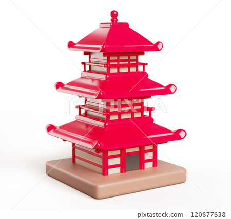 3d red pagoda tower cartoon render icon. Traditional oriental Japanese or Chinese architecture. Asian house building, religious temple, shrine or palace isolated on white background. 3D illustration 3d red pagoda tower cartoon render icon. Traditional oriental Japanese or Chinese architecture. Asian house building, religious temple, shrine or palace isolated on white background. 3D illustration 120877838
