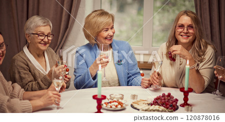 Cheerful elegant senior women, colleagues meeting to celebrate professional holiday, sitting at table, drinking white wine, eating appetizers Cheerful elegant senior women, colleagues meeting to celebrate professional holiday, sitting at table, drinking white wine, eating appetizers 120878016