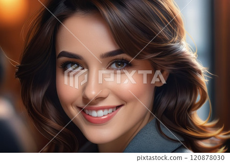 Portrait of attractive cheerful brown bob haired girl leader partner top director startup developer in modern office. Close up of smiling young adult girl with blurred open space background.. AI 120878030