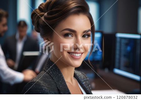 Portrait of attractive cheerful brown chignon haired girl leader partner top director startup developer in modern office. Close up of smiling young adult girl with blurred open space background.. AI 120878032