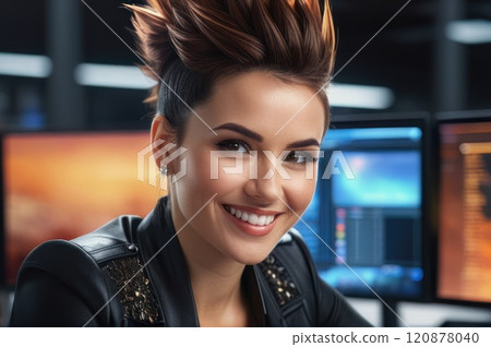 Portrait of attractive cheerful brown mohawk hair girl leader partner top director startup developer in modern office. Close up of smiling young adult girl with blurred open space background.. AI Portrait of attractive cheerful brown mohawk hair girl leader partner top director startup developer in modern office. Close up of smiling young adult girl with blurred open space background.. AI 120878040
