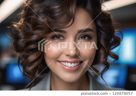 Portrait of attractive cheerful brown curls haired girl leader partner top director startup developer in modern office. Close up of smiling young adult girl with blurred open space background.. AI 120878057
