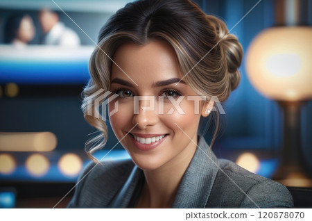 Portrait of attractive cheerful brown-haired long wavy hairs woman leader partner startup developer in modern office. Close up of smiling young adult girl with blurred open space background.. AI Portrait of attractive cheerful brown-haired long wavy hairs woman leader partner startup developer in modern office. Close up of smiling young adult girl with blurred open space background.. AI 120878070