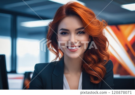 Portrait of attractive cheerful redhead chestnut long wavy hairs woman leader partner startup developer in modern office. Close up of smiling young adult girl with blurred open space background.. AI 120878071